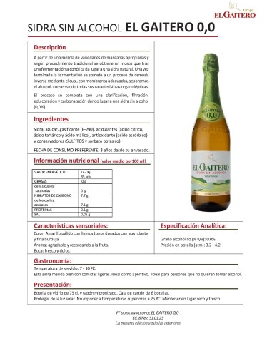 SIDRA SIN ALCOHOL EL GAITERO 0,0 - 6 botellas