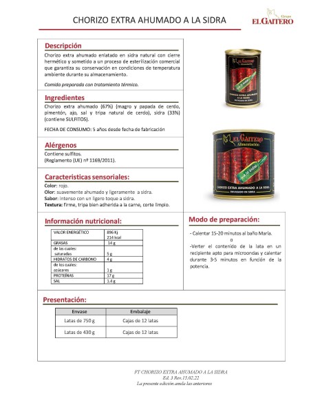 CHORIZO A LA SIDRA - 6 latas de 410gr